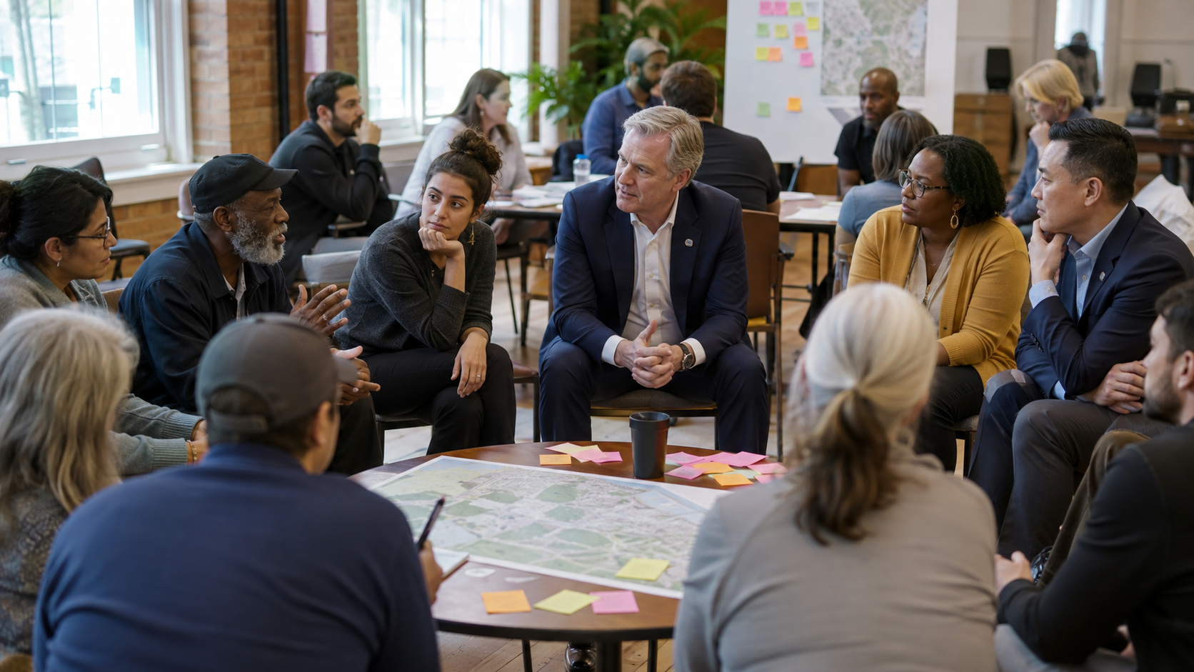 Residents and business leaders in discussion around a map
