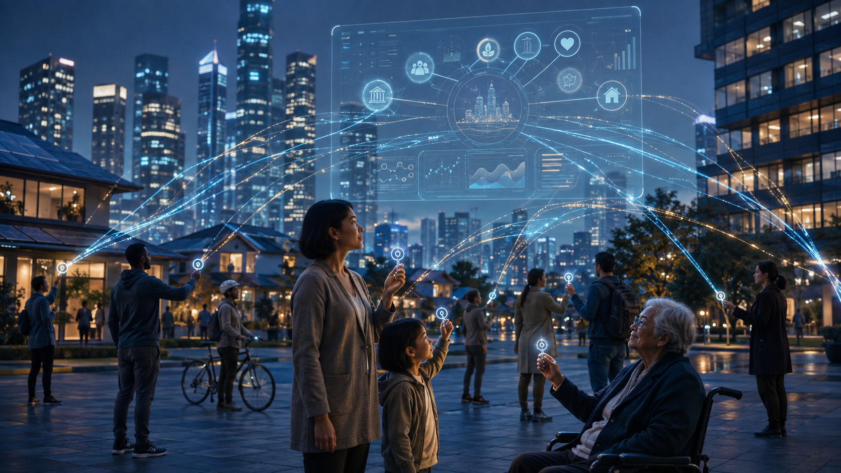 Abstract data connections drawn between people and a city at night