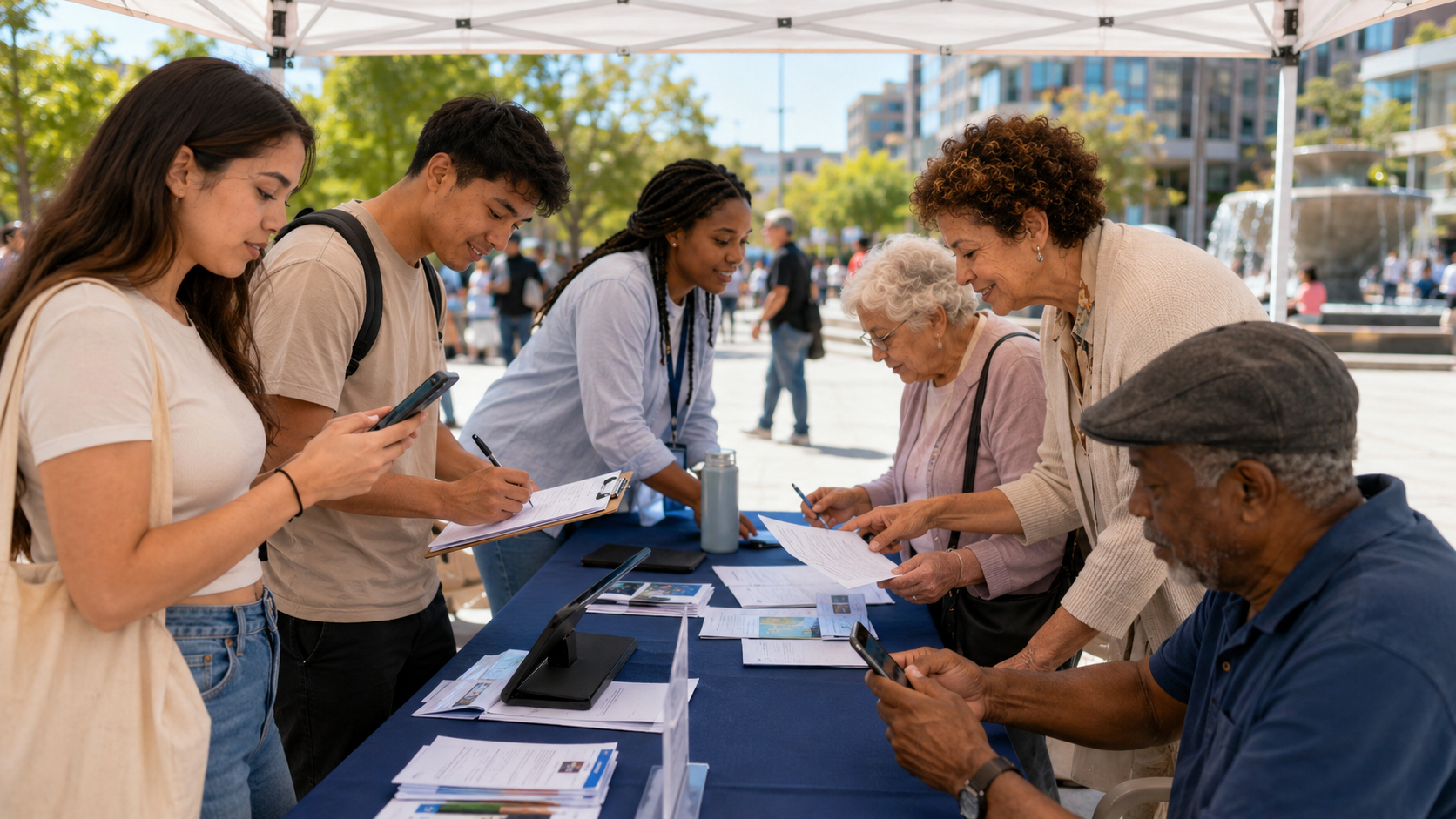 People signing up at an outdoor community research table