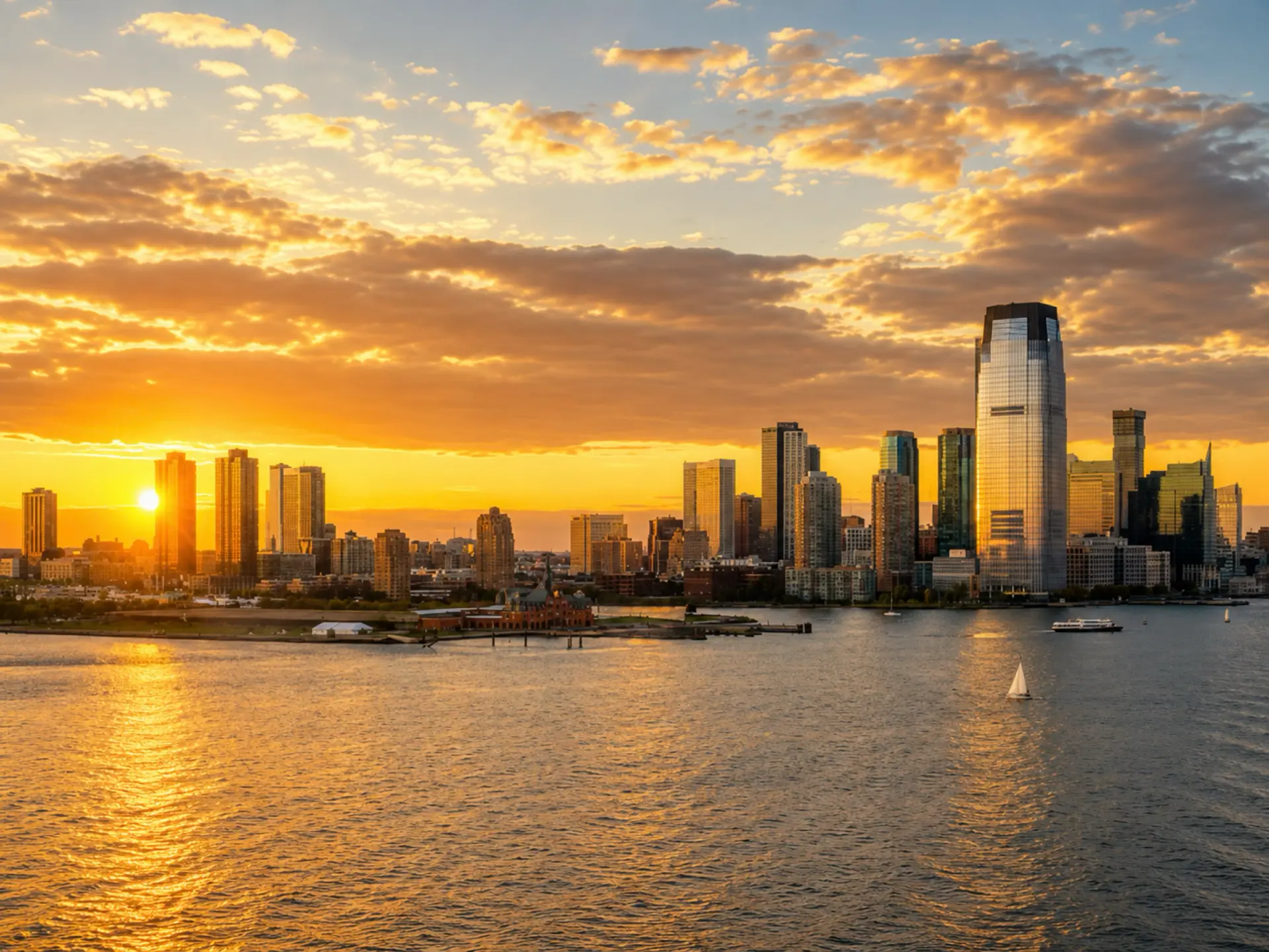 Jersey City skyline across the water at sunset